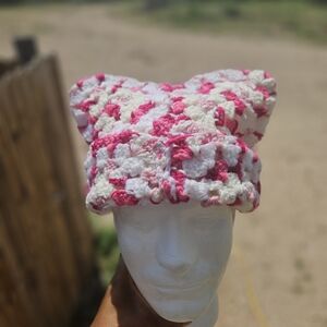 Pink and White Crochet Cat Ear Beanie